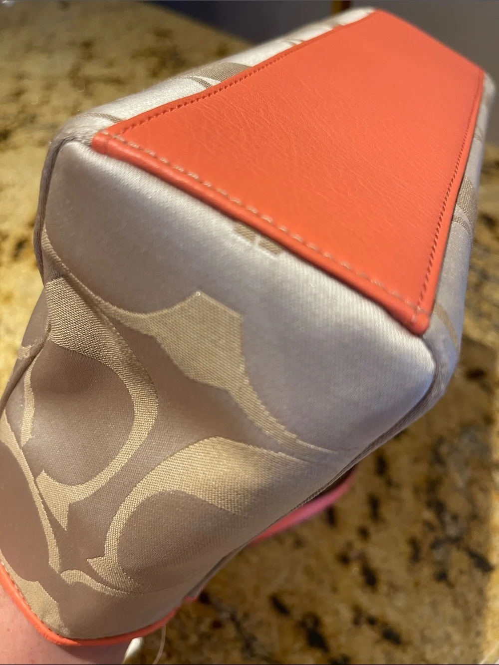Coach Beige Signature Canvas Tote with Coral Trim